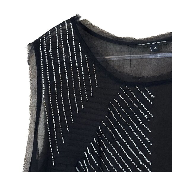 W118 Walter Baker Beaded Metallic Sheer Frayed Hem Tank Top Black Silver Size M - Picture 4 of 11